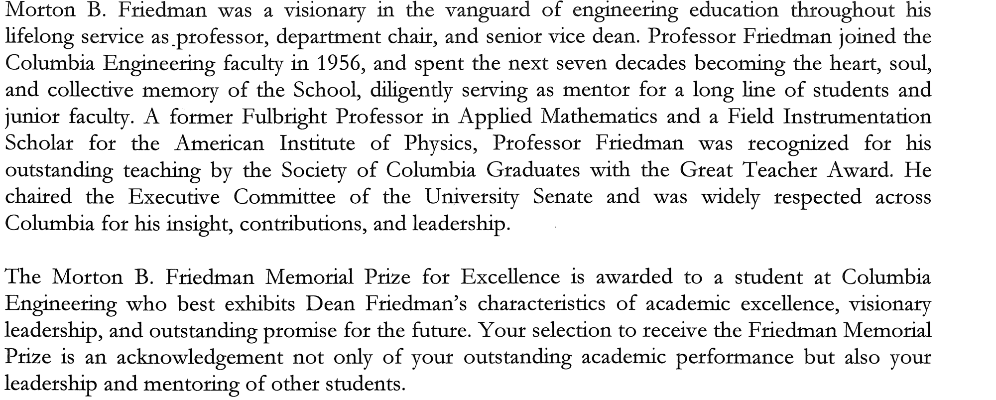 M. B. Friedman Prize description